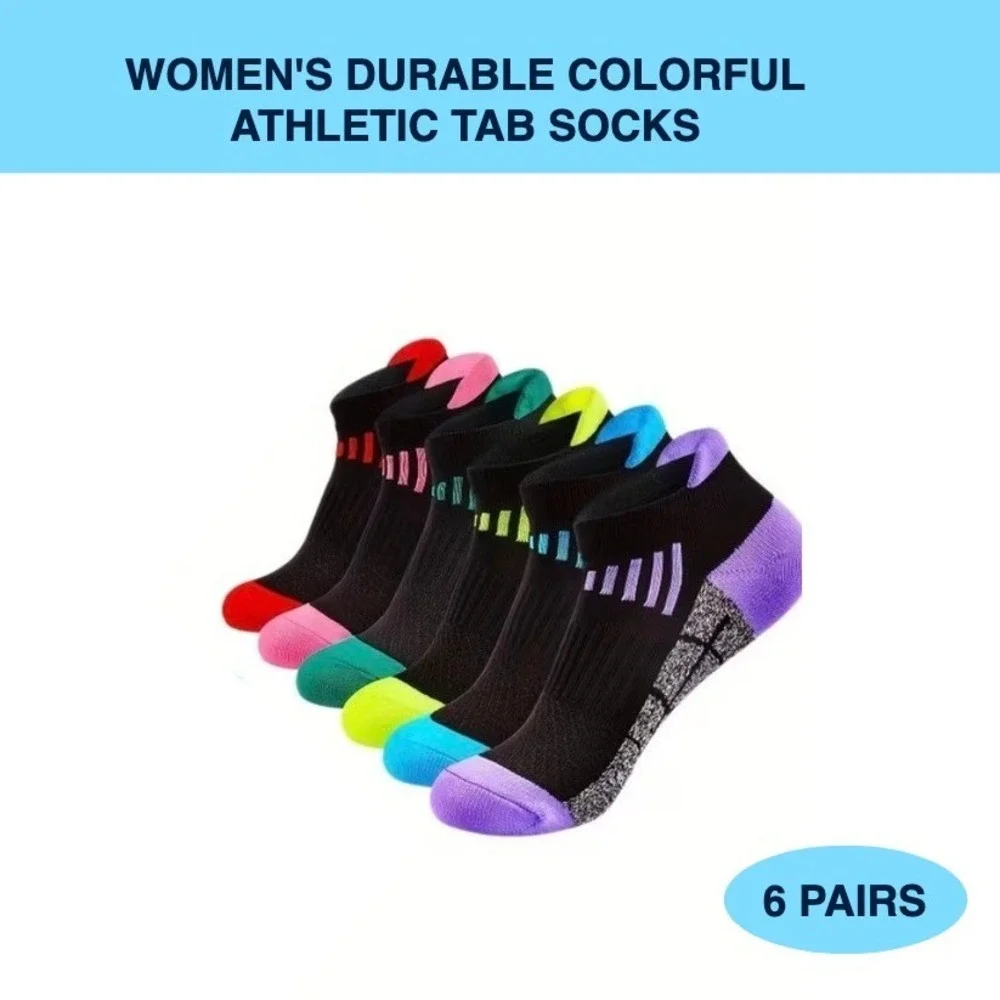 Colorful Athletic Women's Ankle Socks M/L 6 PACK Tab Low Cut High Quality NEW